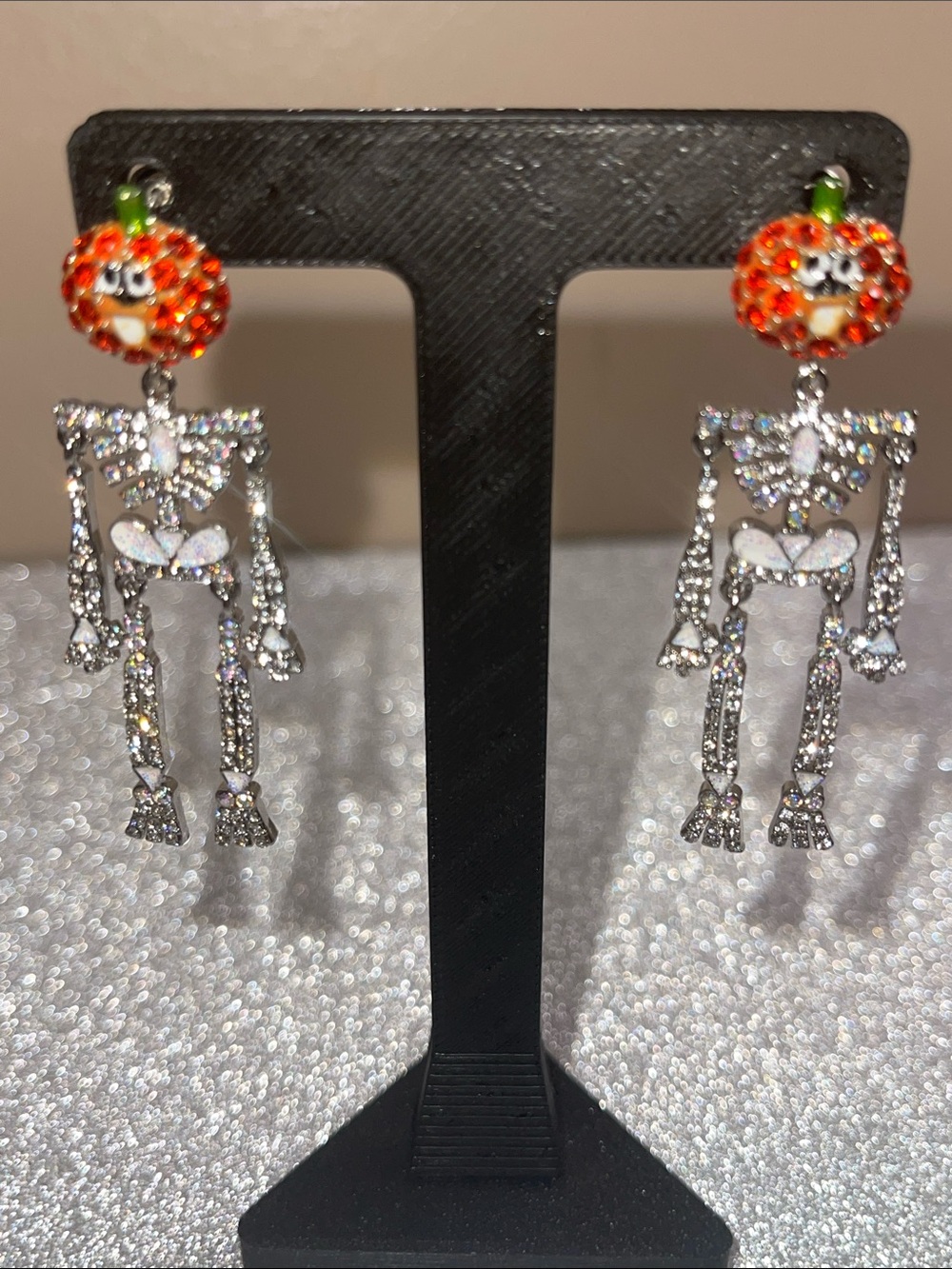 Kirks Folly Crystal Skeleton Drop Earrings with Orange Pumpkin Studs